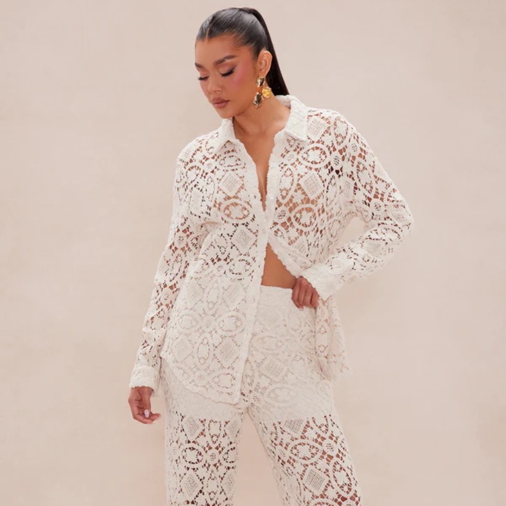 Catalina Crochet Flare Pant Set - Cream